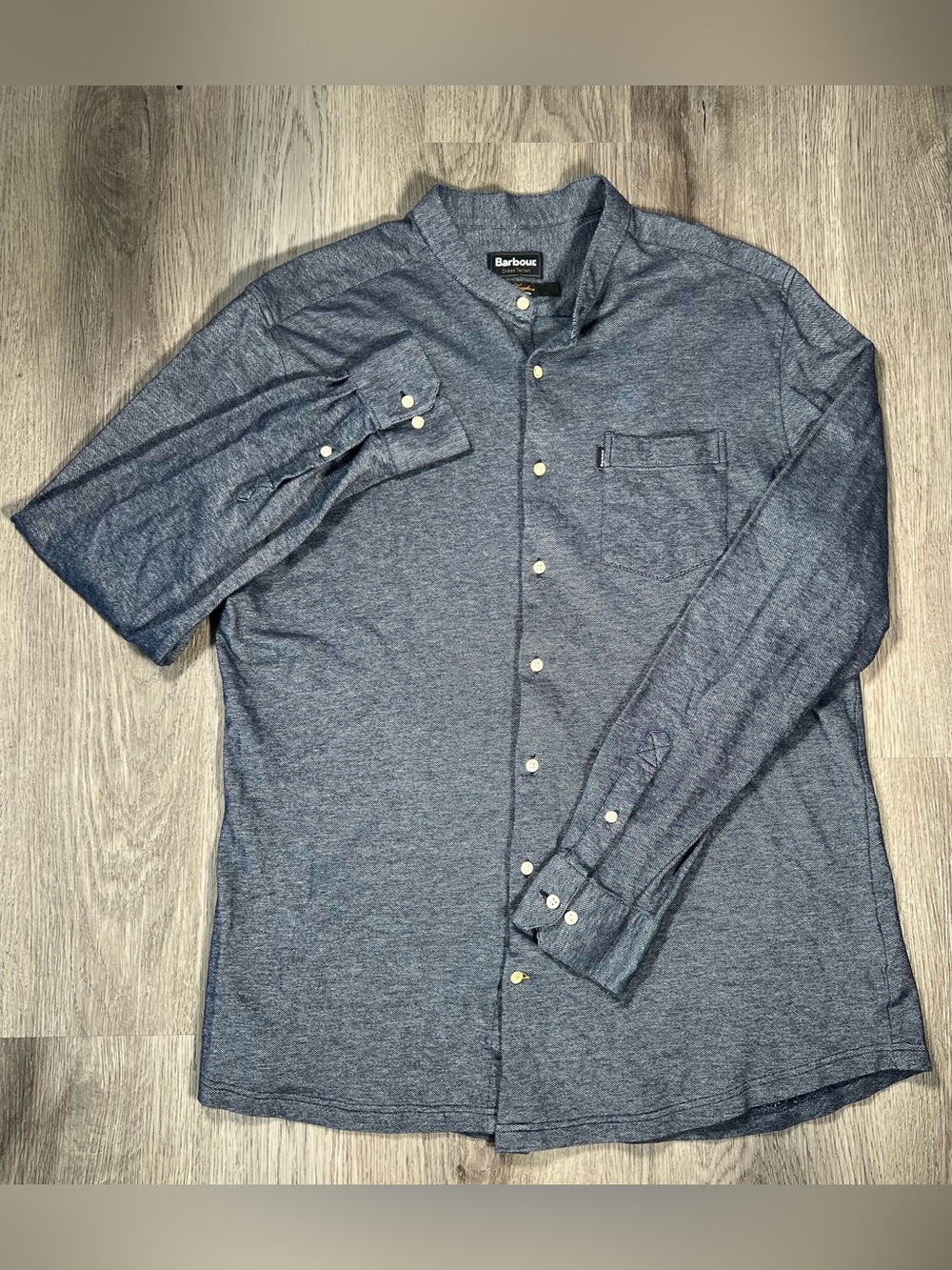 Barbour Sam Heughan Collection Shirt Mens L Blue Band Collar Button Long Sleeve